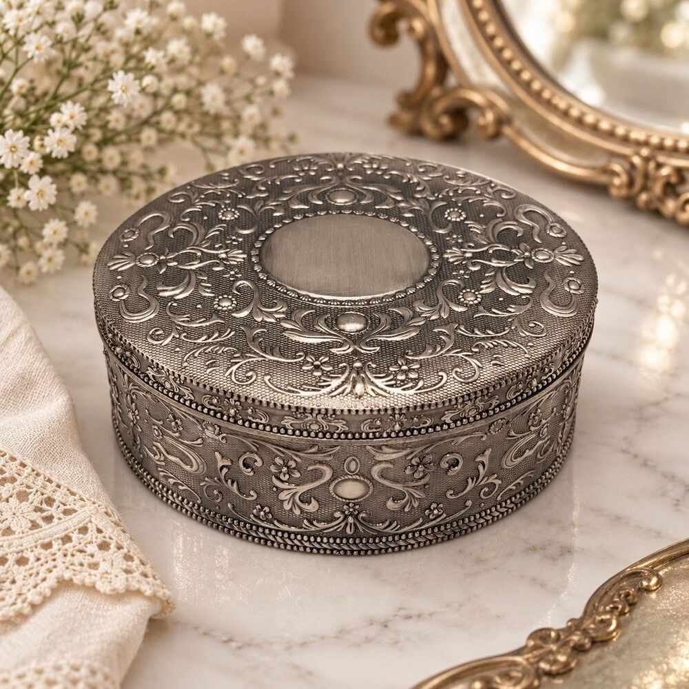 Vintage Ornate Silver Tone Oval Jewelry Trinket Box Purple Velvet Rococo